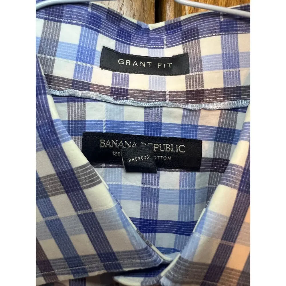 Banana Republic Grant Fit Supima Cotton Blue Plaid Shirt Size Medium